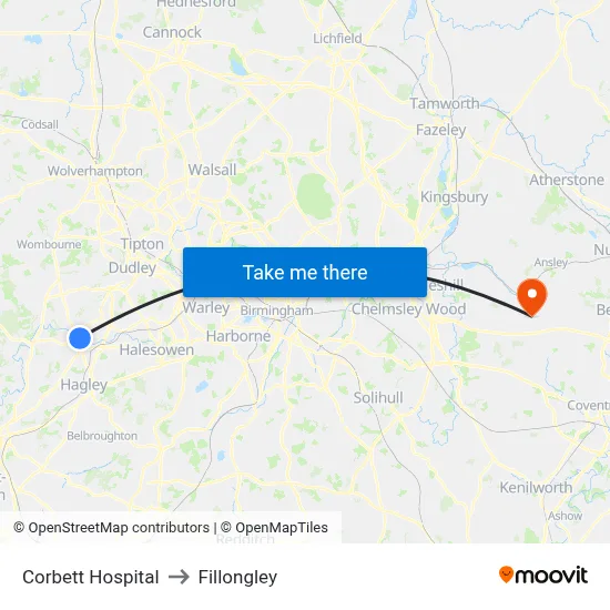 Corbett Hospital to Fillongley map