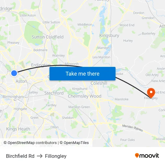 Birchfield Rd to Fillongley map