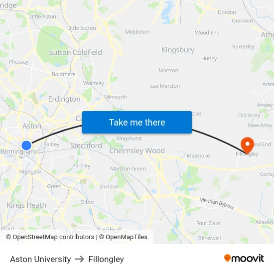 Aston University to Fillongley map
