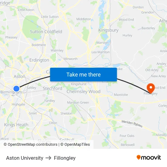Aston University to Fillongley map