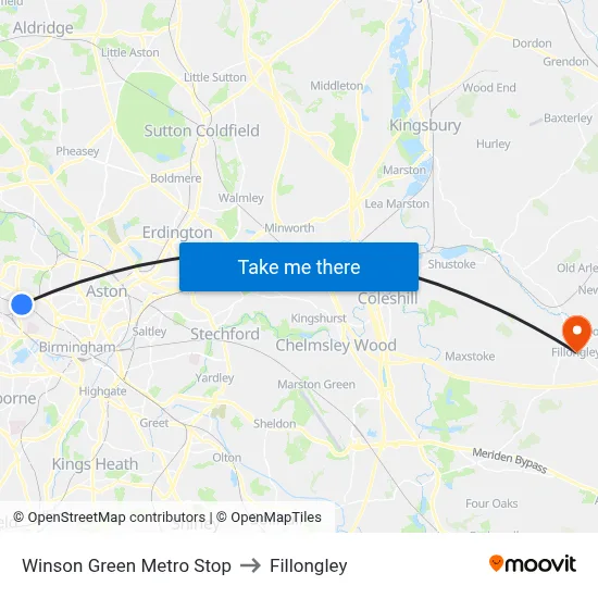 Winson Green Metro Stop to Fillongley map