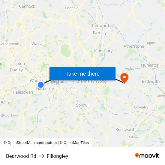 Bearwood Rd to Fillongley map