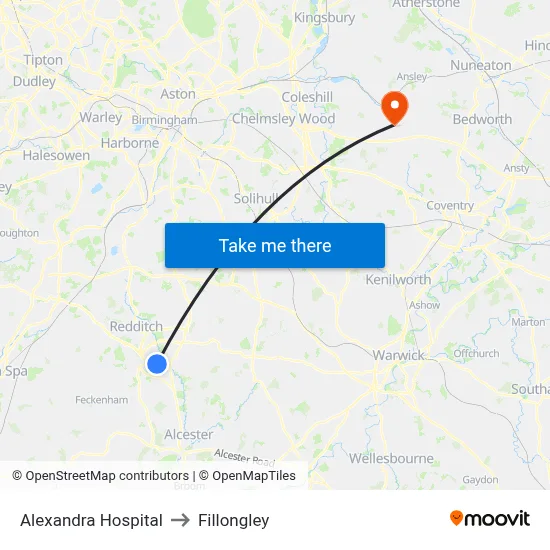 Alexandra Hospital to Fillongley map