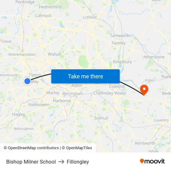 Bishop Milner School to Fillongley map