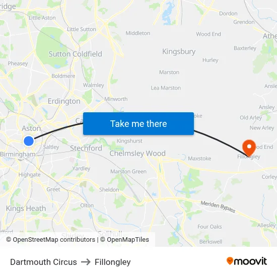 Dartmouth Circus to Fillongley map