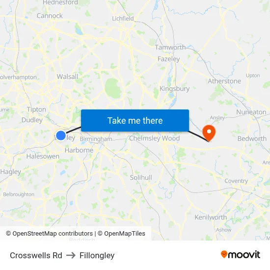 Crosswells Rd to Fillongley map