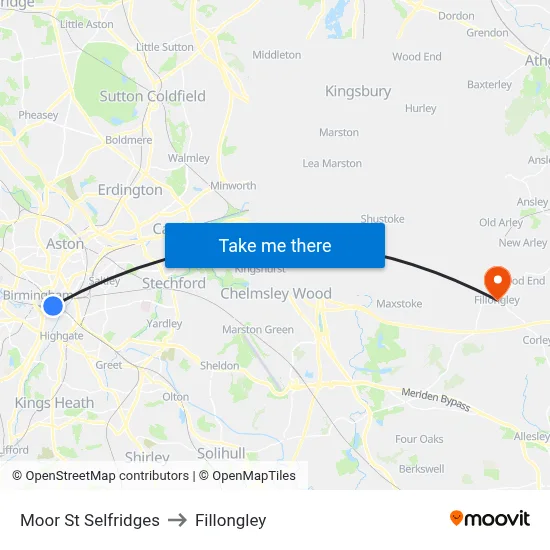 Moor St Selfridges to Fillongley map
