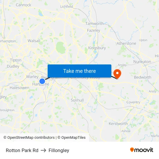 Rotton Park Rd to Fillongley map