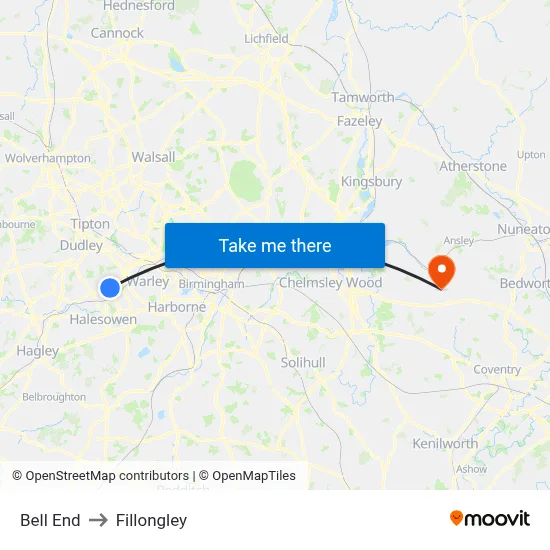 Bell End to Fillongley map