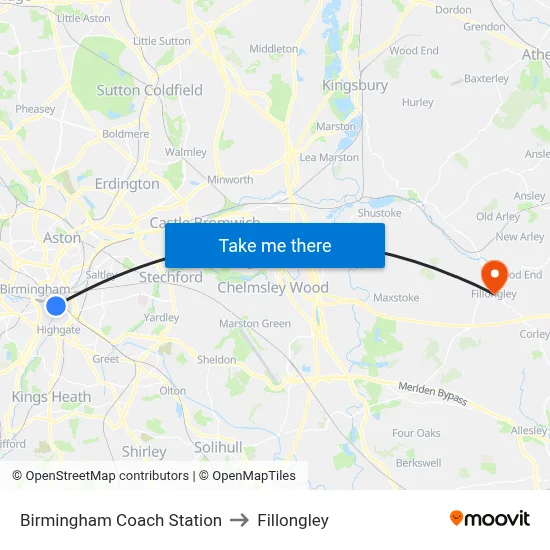 Birmingham Coach Station to Fillongley map
