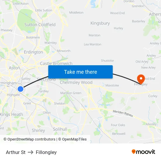 Arthur St to Fillongley map