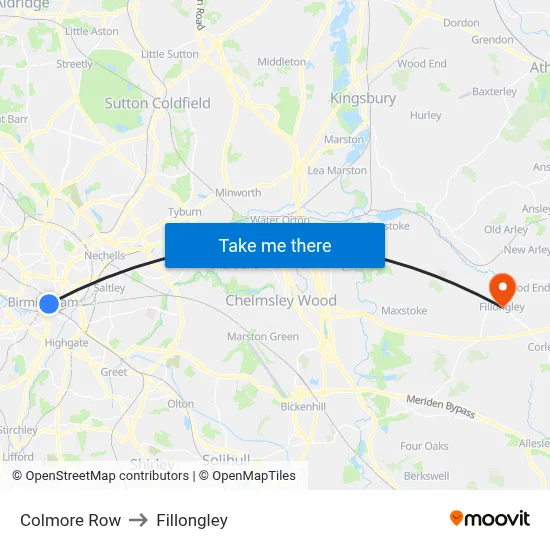 Colmore Row to Fillongley map