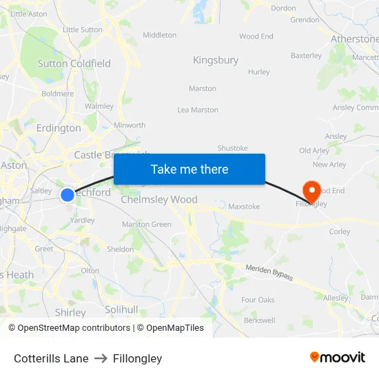 Cotterills Lane to Fillongley map