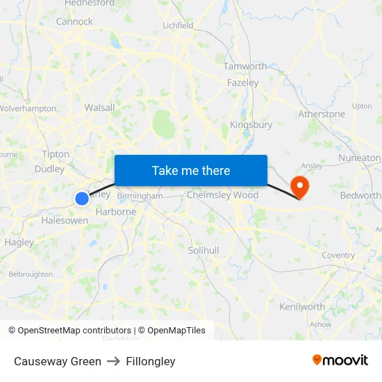 Causeway Green to Fillongley map
