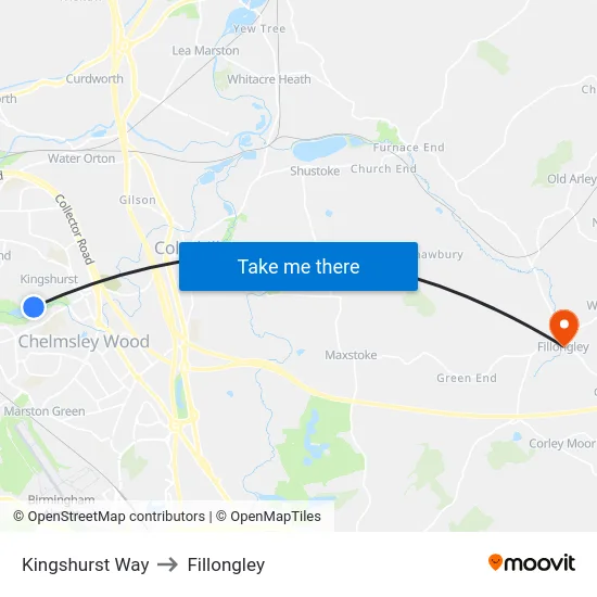 Kingshurst Way to Fillongley map