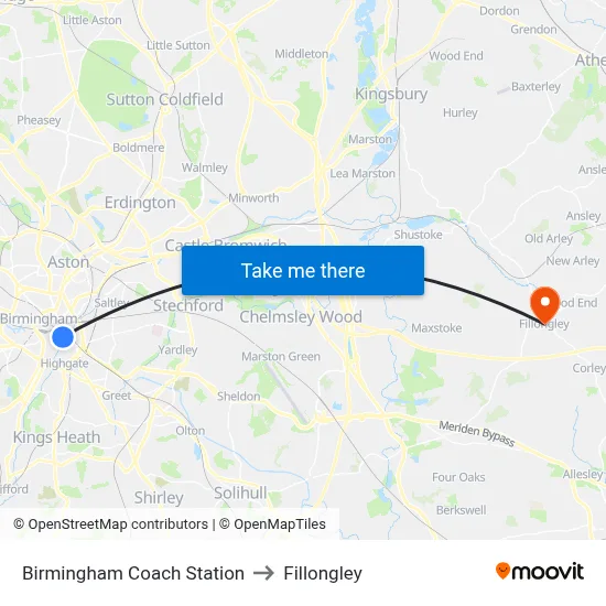 Birmingham Coach Station to Fillongley map