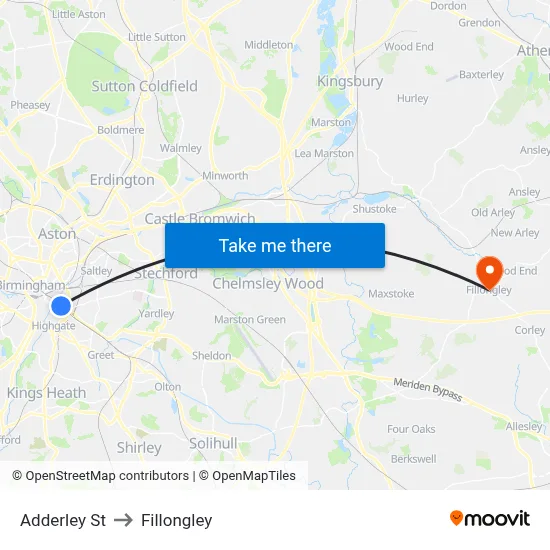 Adderley St to Fillongley map