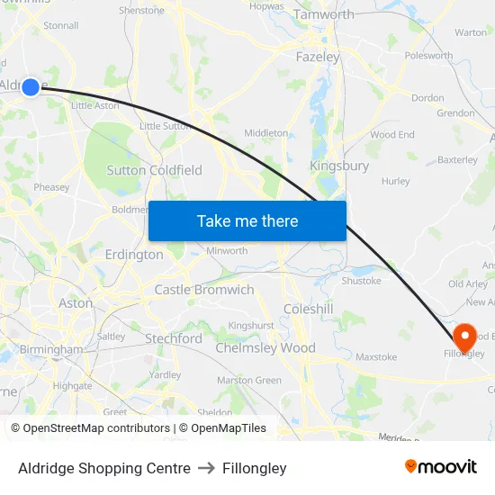 Aldridge Shopping Centre to Fillongley map