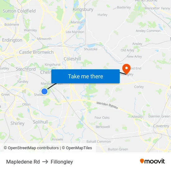 Mapledene Rd to Fillongley map