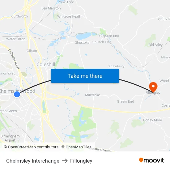 Chelmsley Interchange to Fillongley map