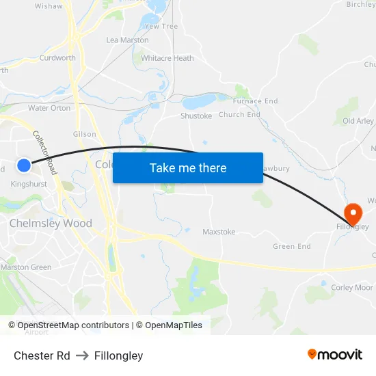 Chester Rd to Fillongley map