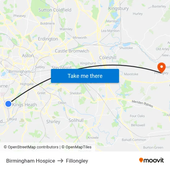 Birmingham Hospice to Fillongley map
