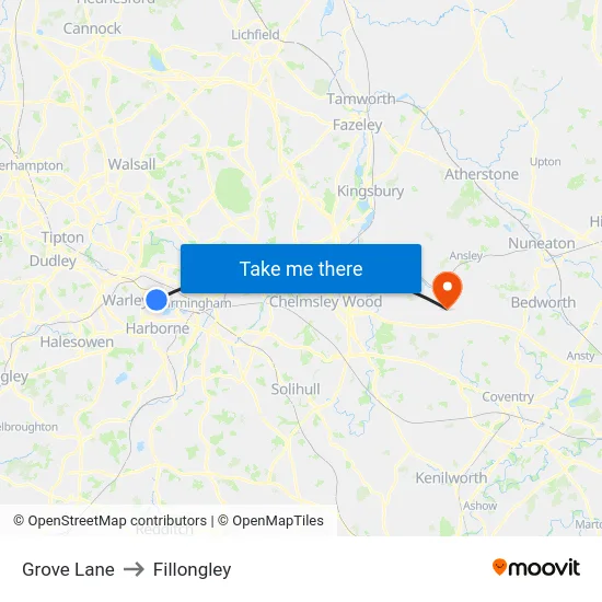 Grove Lane to Fillongley map