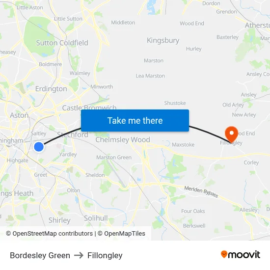 Bordesley Green to Fillongley map