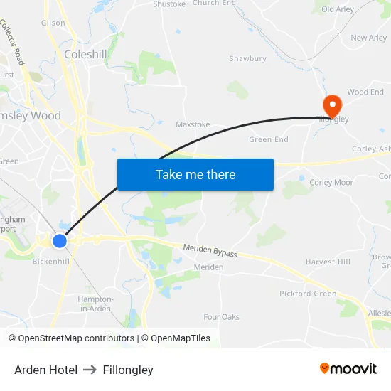 Arden Hotel to Fillongley map