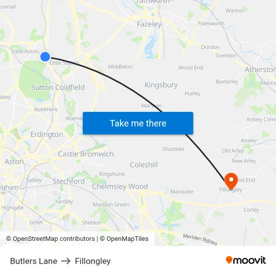 Butlers Lane to Fillongley map