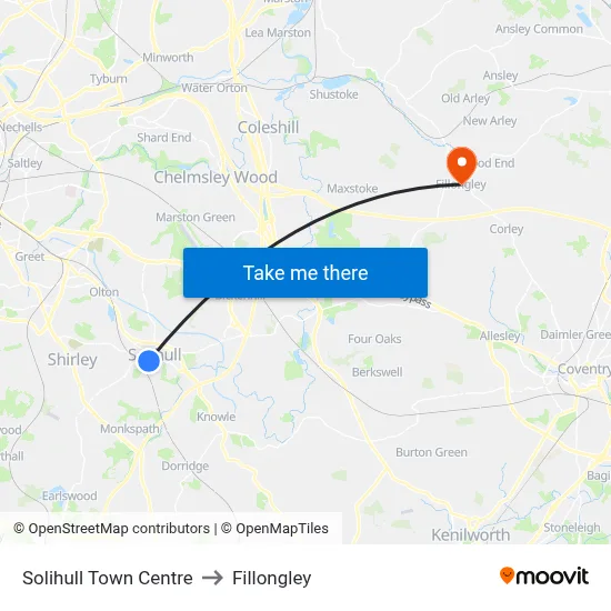 Solihull Town Centre to Fillongley map
