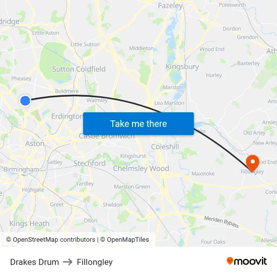 Drakes Drum to Fillongley map