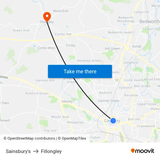 Sainsbury's to Fillongley map