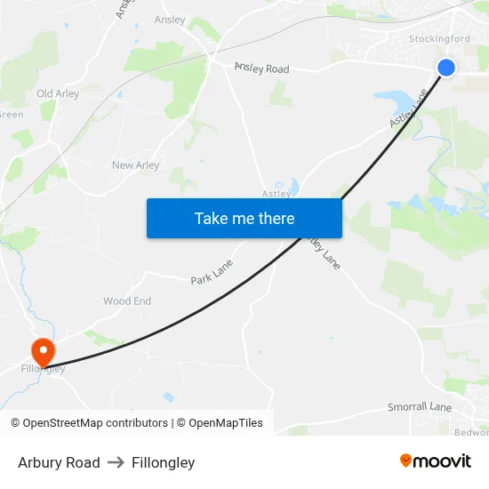 Arbury Road to Fillongley map