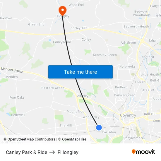 Canley Park & Ride to Fillongley map