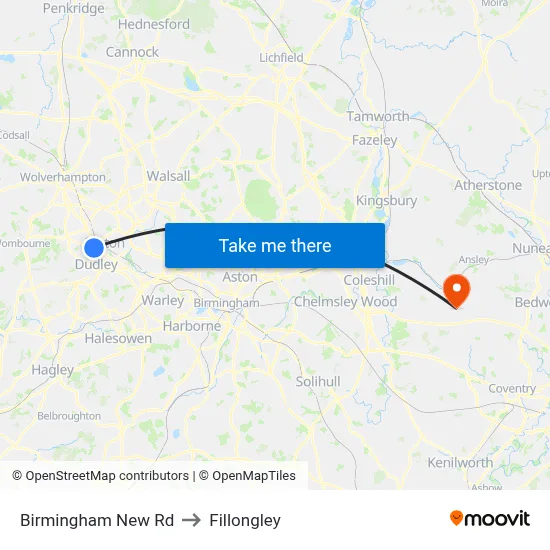 Birmingham New Rd to Fillongley map
