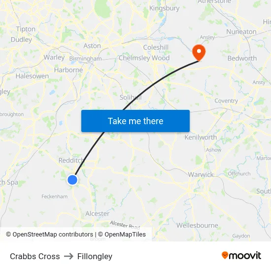 Crabbs Cross to Fillongley map