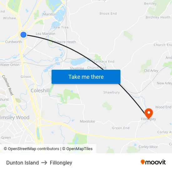 Dunton Island to Fillongley map