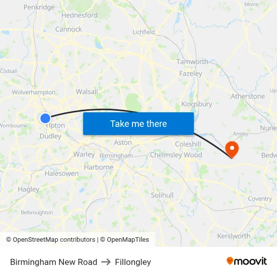 Birmingham New Road to Fillongley map