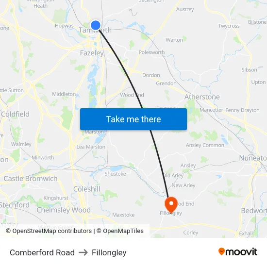 Comberford Road to Fillongley map