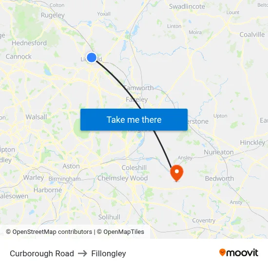 Curborough Road to Fillongley map