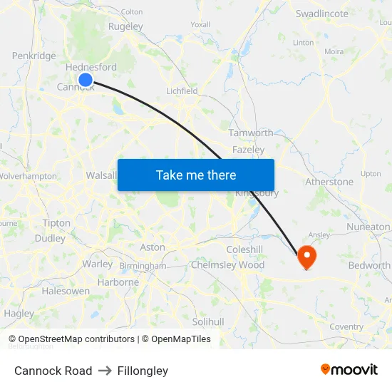 Cannock Road to Fillongley map