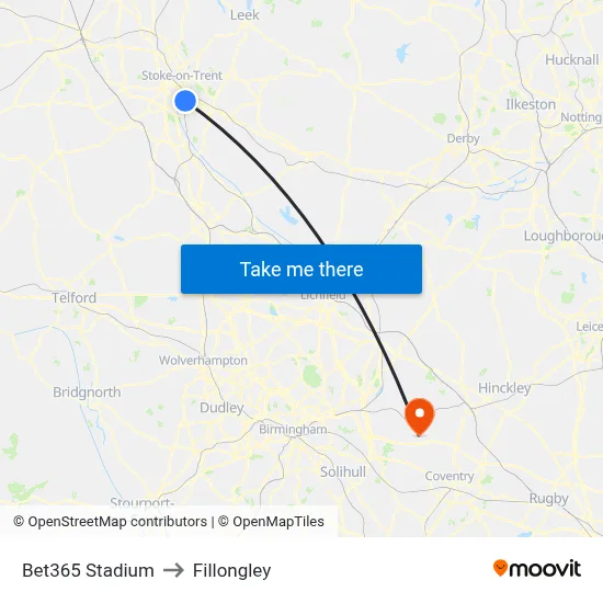 Bet365 Stadium to Fillongley map
