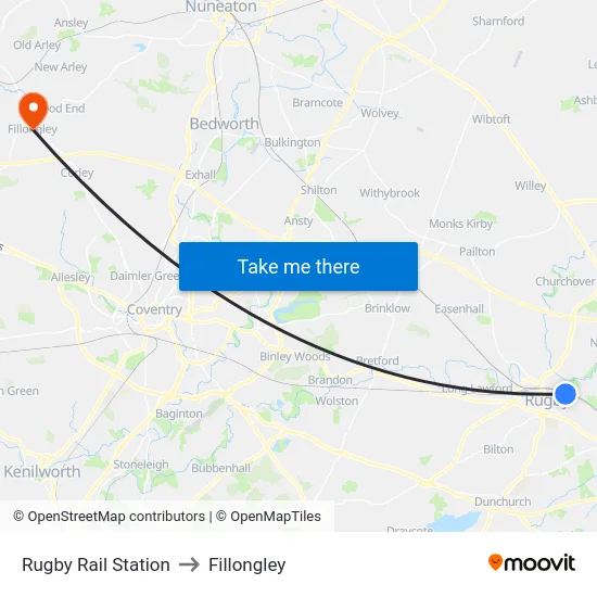 Rugby Rail Station to Fillongley map