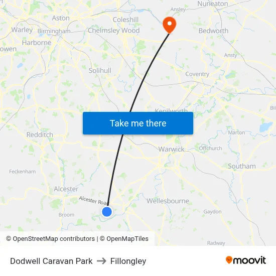Dodwell Caravan Park to Fillongley map