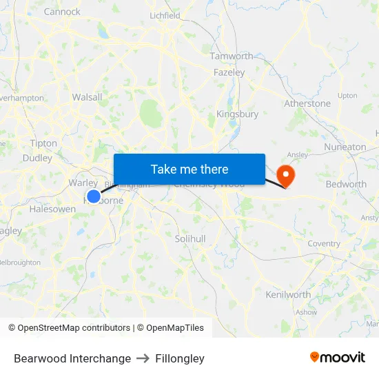 Bearwood Interchange to Fillongley map