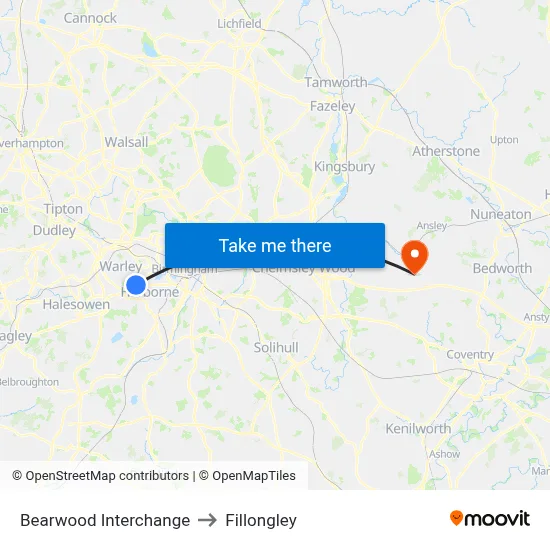 Bearwood Interchange to Fillongley map