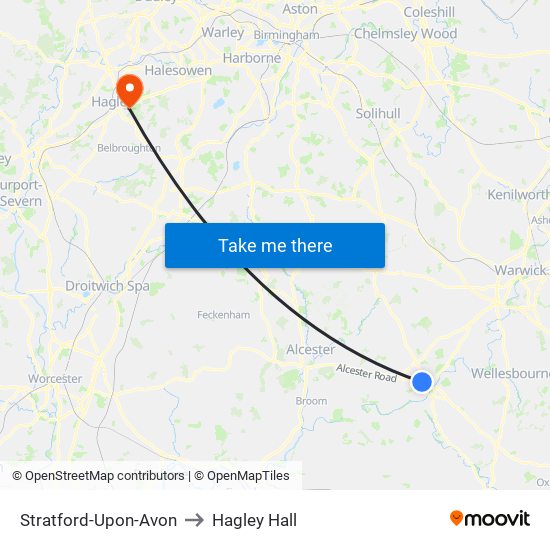 Stratford-Upon-Avon to Hagley Hall map