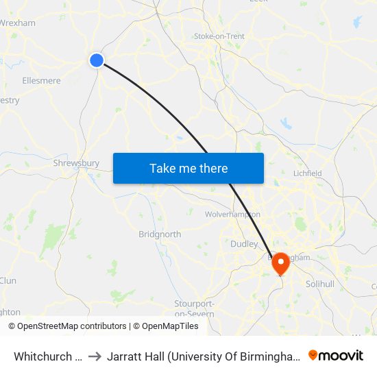 Whitchurch (Shrops) to Jarratt Hall (University Of Birmingham Halls Of Residence) map