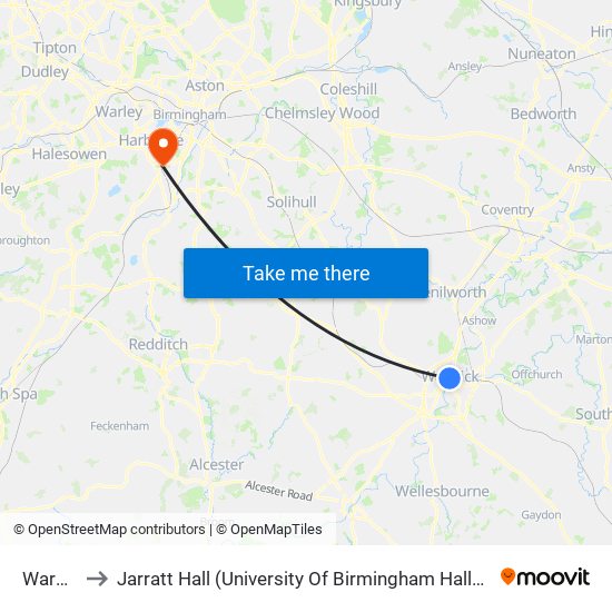 Warwick to Jarratt Hall (University Of Birmingham Halls Of Residence) map